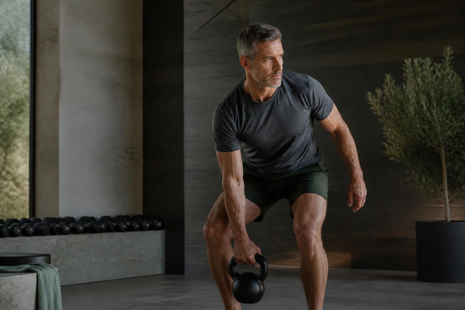 Healthy midlife man strength training in a private gym