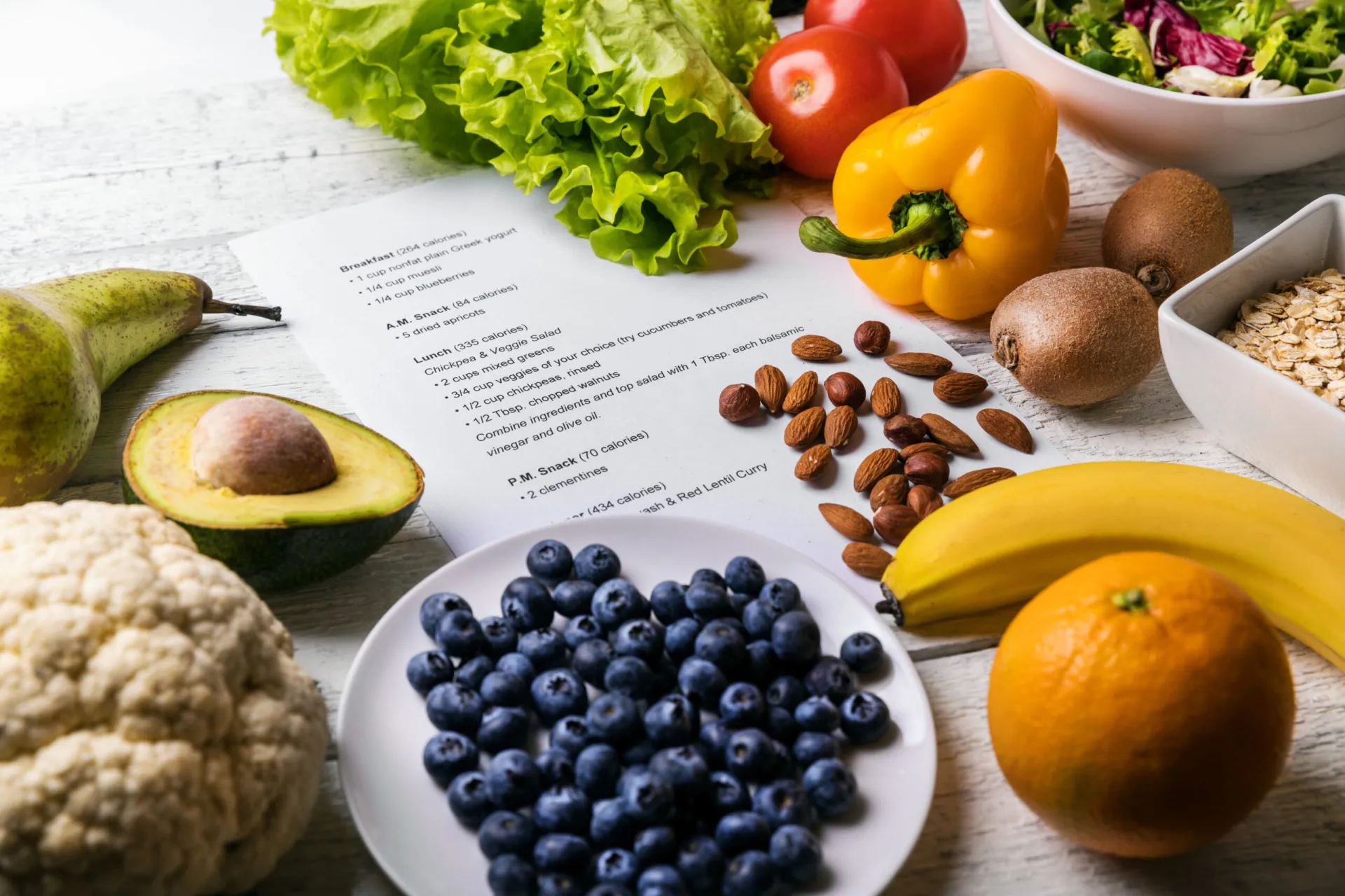 A variety of fresh fruits, vegetables, nuts, and a printed meal plan are arranged on a white table.