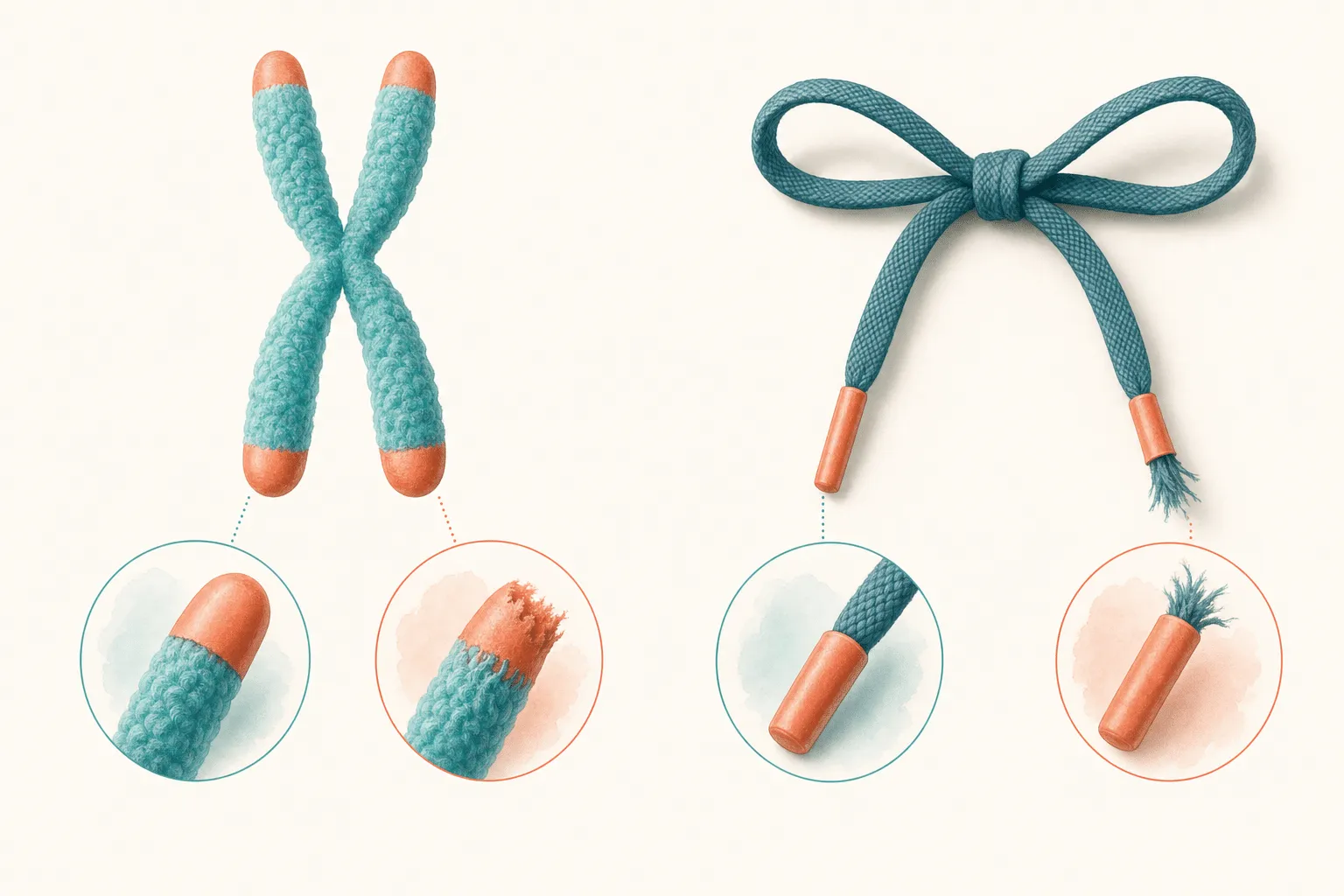 A chromosome next to a shoelace, showing telomeres as protective caps like the plastic tips on a shoelace