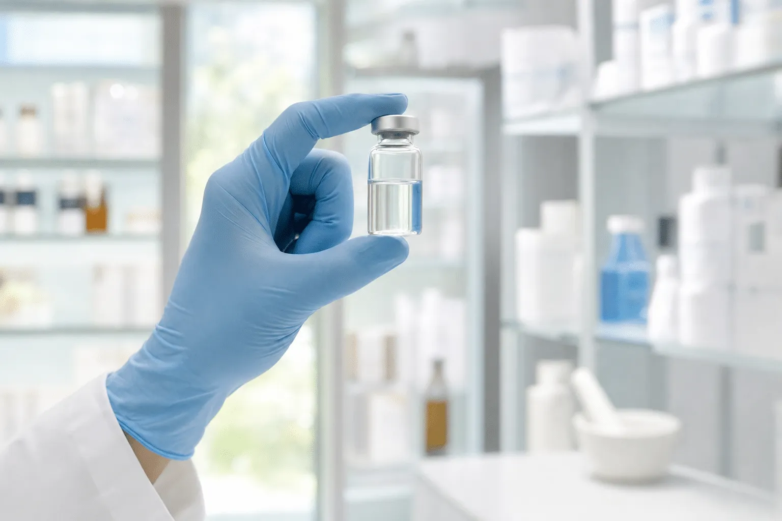 Pharmacist inspecting a clear glass vial in a licensed pharmacy
