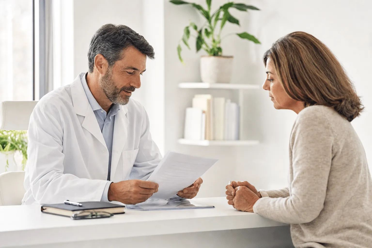 Clinician reviewing baseline lab results with a patient in a bright medical office