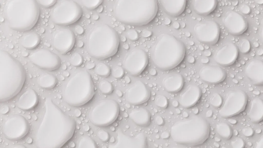 Close-up view of various sizes of water droplets on a smooth, white surface.