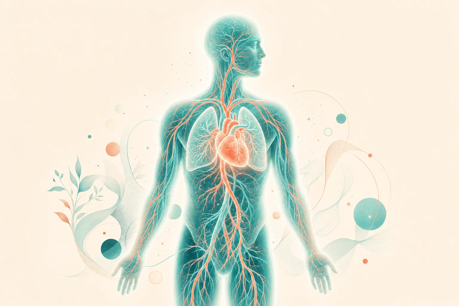 A glowing human body showing the heart, lungs and circulatory system
