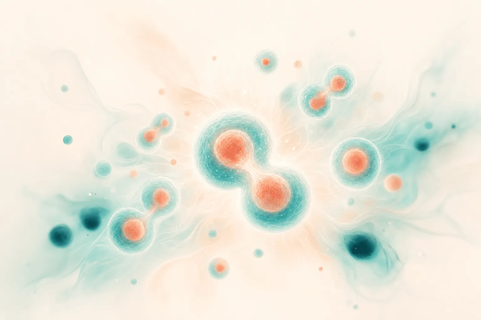 An abstract cluster of glowing stem cells dividing, symbolizing renewal and repair
