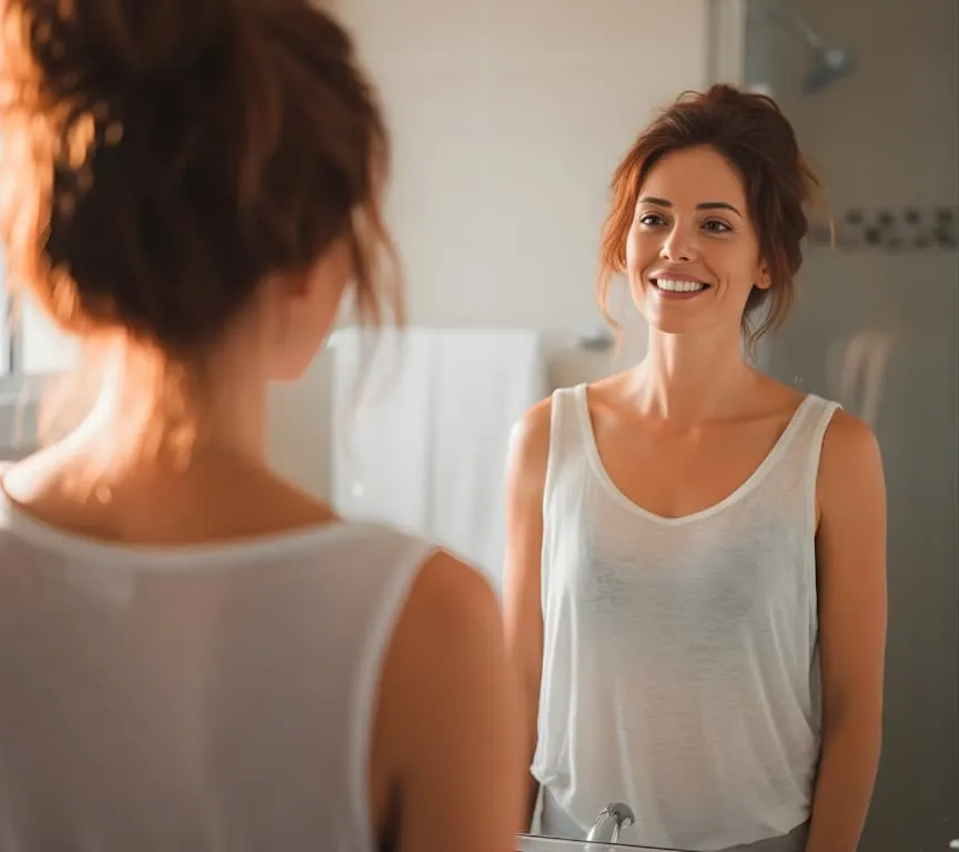 A woman with brown hair in a loose bun smiles while looking at herself in the bathroom mirror, admiring her fresh look after advanced facial rejuvenation, dressed in a white sleeveless top.